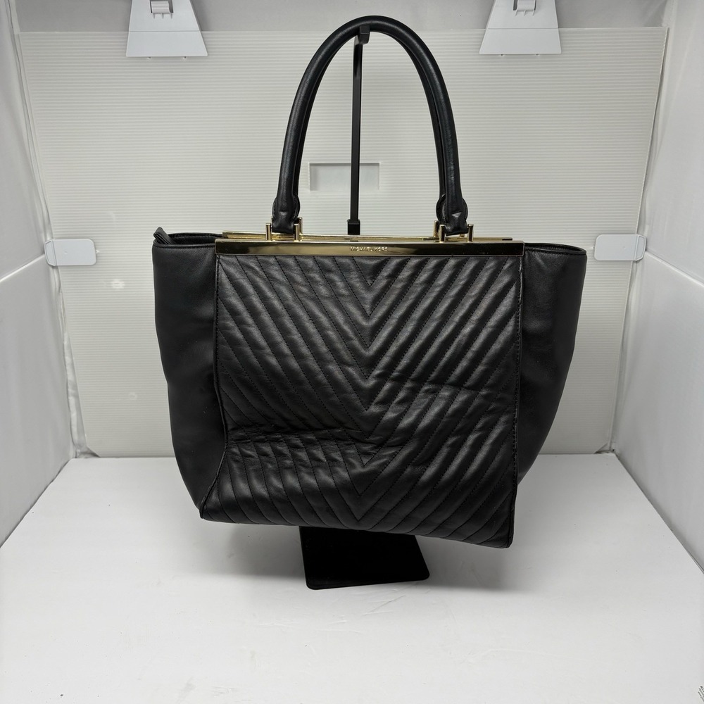 Michael Kors Black Chevron Quilted Leather Tote Satchel Gold Hardware Large - Picture 4 of 12